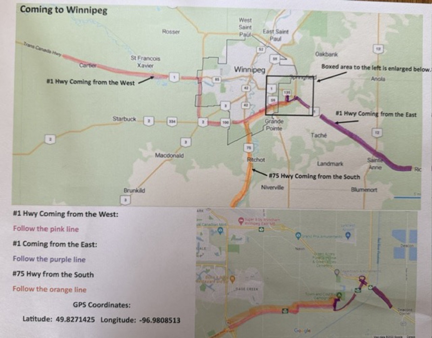 Map of the Winnipeg area showing three colour-coded approaches to Town & Country Campground: pink from the west on Highway 1, purple from the east on Highway 1, and orange from the south on Highway 75.